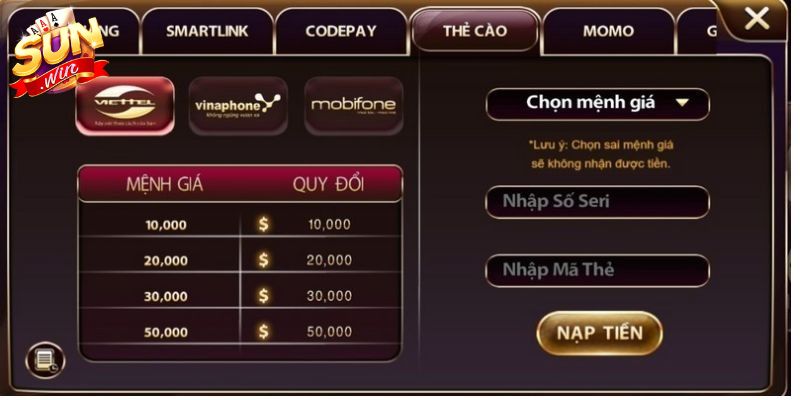 Hướng dẫn các bước nạp tiền tại Sunwin